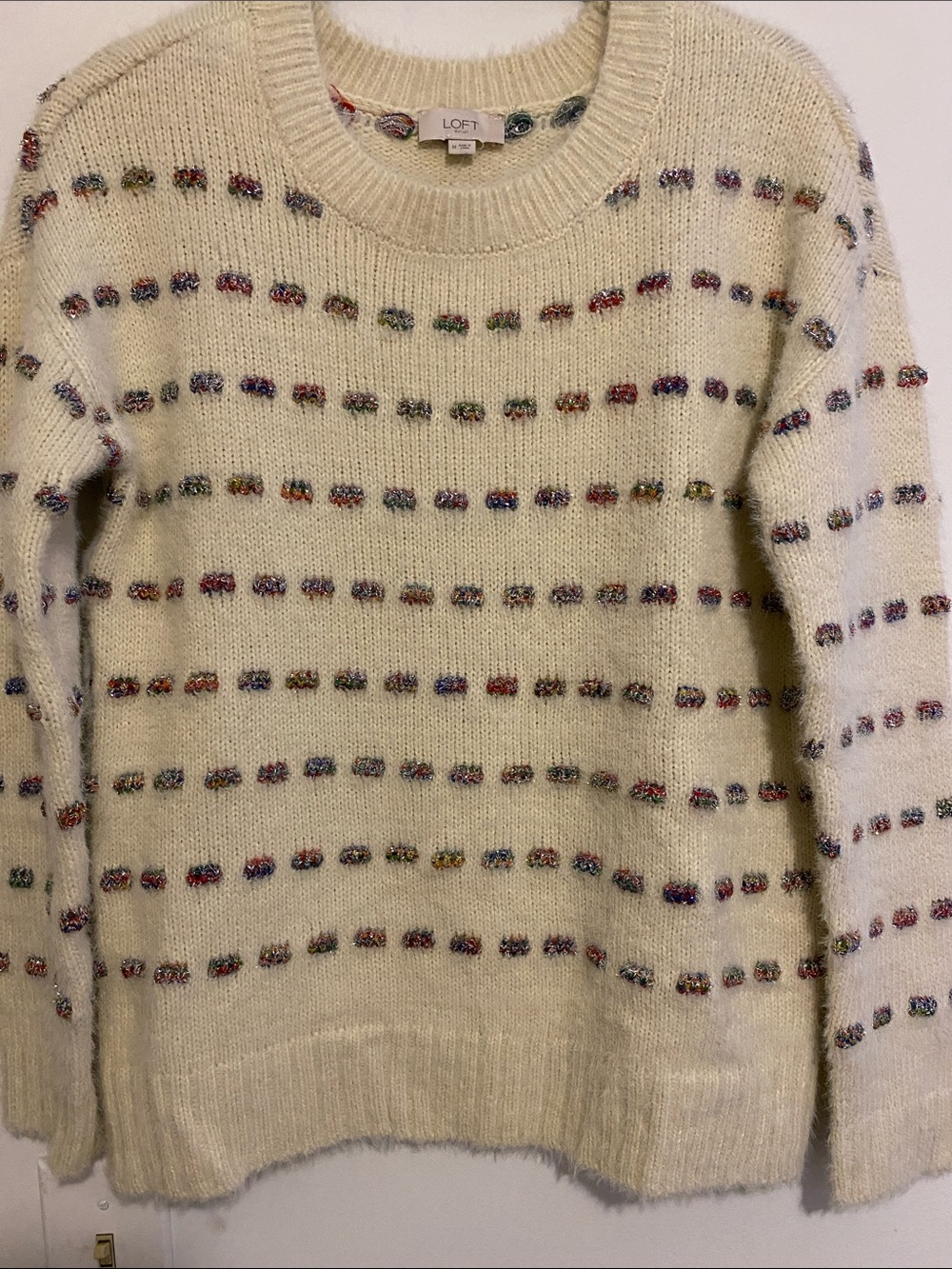 LOFT Cream Bouclé Crewneck Sweater with Colorful Dot Stripes, sparkly